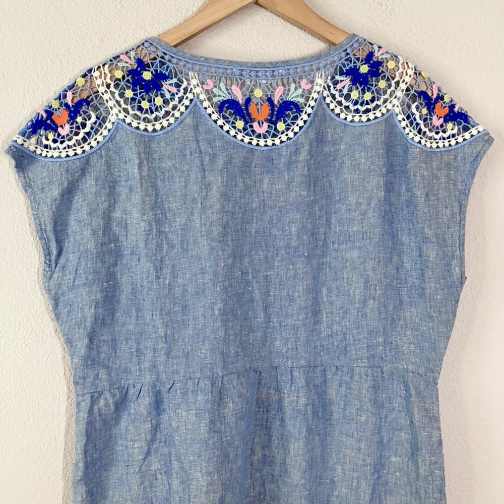 BODEN Linen Dress 10R Embroidered Crochet Lace Boho Shift Blue Summer Floral - Picture 9 of 10